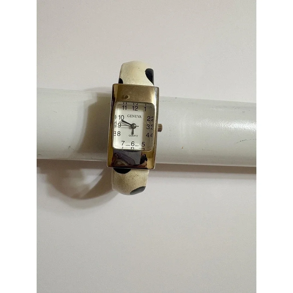 Geneva Women Quartz Watch Cow Print Cuff‎ Band Silver Tone Bracelet Japan Movt